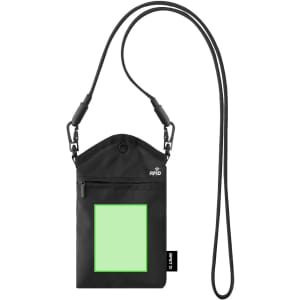 A black multipurpose bag with an adjustable strap, featuring an RFID pocket and a blank green panel.