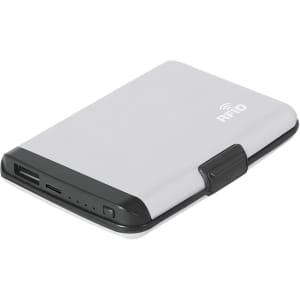 A grey power bank card holder featuring RFID protection and multiple ports for charging devices.