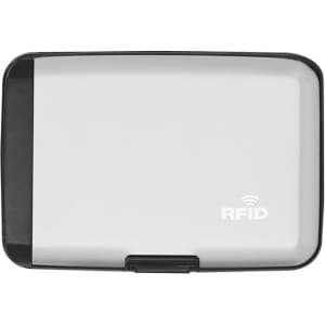 A grey and black RFID card holder with a sleek design, featuring a logo on the front.