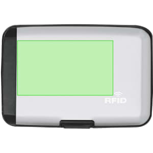 A grey power bank card holder with black edges, featuring an RFID logo on the front.