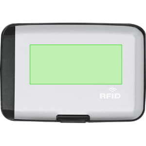 A power bank card holder in silver and black, featuring an RFID logo and a green display area.