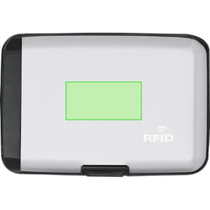 A power bank card holder in grey and black, featuring an RFID protection logo and a rectangular green area on the front.