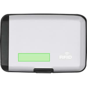 A grey power bank card holder with a black trim and an RFID logo, featuring a green accent area.