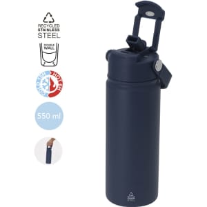 A drink bottle made of recycled stainless steel in navy blue, featuring a double wall and a flip-top lid. Holds 550 ml.