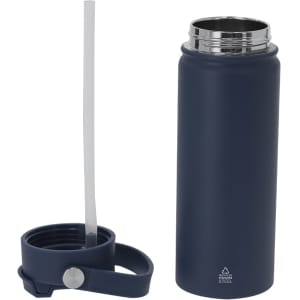 A drink bottle in navy blue with a stainless steel interior, featuring a removable lid and straw.