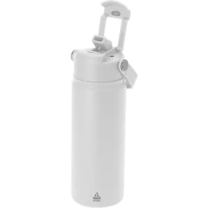 A drink bottle in white with an ergonomic flip-top lid and a branding logo on the side.