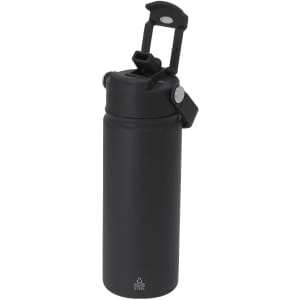 A drink bottle in matte black, featuring a flip-top lid and a logo. It is designed for insulation and durability.