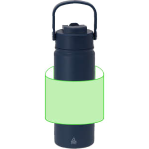 A drink bottle in navy blue with a handle and a lid, featuring a logo on the front.