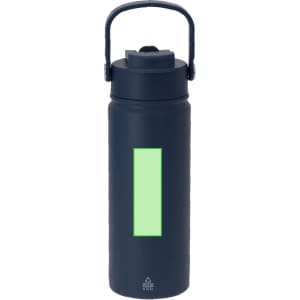 A drink bottle in navy with a green band, featuring a handle and a screw-top lid. It has a logo on the base.