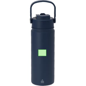 A drink bottle in navy blue with a carrying handle and a green square on the front. It features a logo.