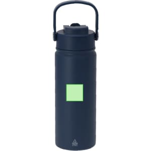 A drink bottle in navy blue with a handle and a logo. It features a square area in bright green.