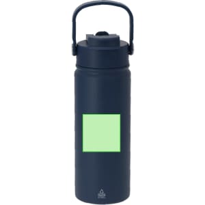 A drink bottle in navy blue with a green square area for customisation. It features a handle and a secure lid.
