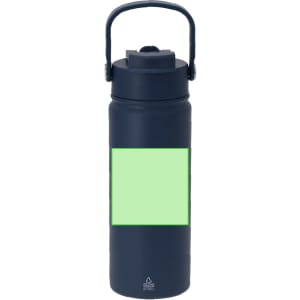 A drink bottle in navy blue with a green area for branding. It features a handle and a screw-top lid.