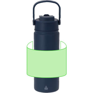A drink bottle in navy blue with a handle and a secure lid. It features a branding logo.