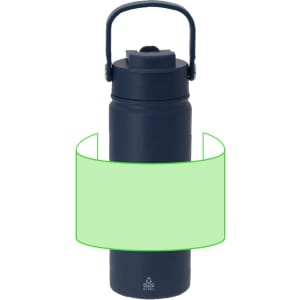 A drink bottle with a dark blue exterior, featuring a sturdy handle and a screw-on lid. It has a logo.