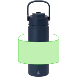 A drink bottle featuring a dark blue exterior, insulated design, and a sturdy handle, along with a logo.