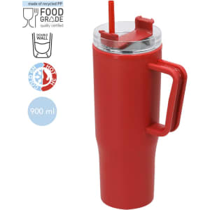 A red insulated mug with a straw and handle, featuring double-wall construction. It includes a logo.