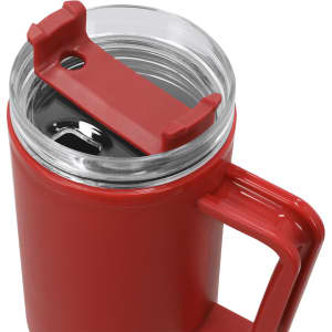 A red insulated mug with a clear lid and a handle, featuring a branding logo.