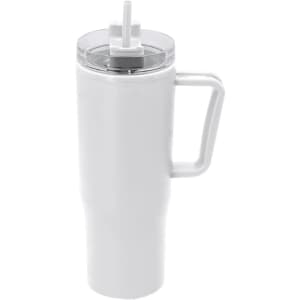 A drink bottle in white, featuring a clear lid and straw, with a sturdy handle for easy carrying.