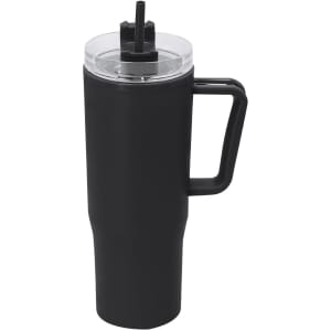 A black insulated mug with a clear lid and straw, featuring a sturdy handle and a sleek design.
