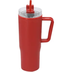 A red insulated mug with a straw and a transparent lid, featuring a handle and a logo.