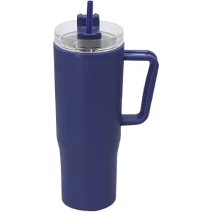 A drink bottle in navy blue with a handle and a clear lid featuring a straw, branded with a logo.