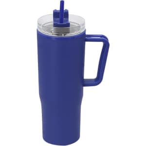 A blue insulated mug with a clear lid and straw, featuring a handle and a logo.