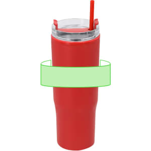 A red insulated mug features a clear lid and a straw, with a logo on the front.