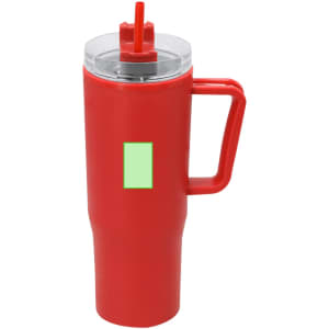 A red insulated mug with a clear lid and straw, featuring a handle and a rectangular area for branding.