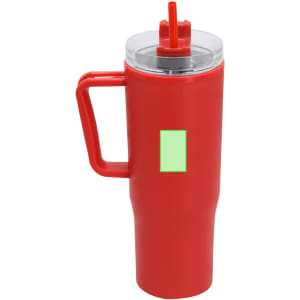 A red insulated mug with a clear lid and a straw, featuring a handle and a logo on the side.