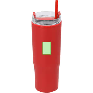 A red insulated mug with a clear lid and a straw, featuring a blank area for personalisation.