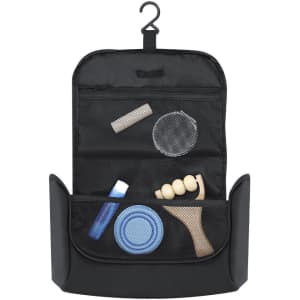 A black toiletry bag with a hook, featuring mesh pockets containing various grooming tools and accessories.