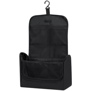 A black toiletry bag with multiple compartments and a hanging hook, featuring mesh pockets and a solid base.