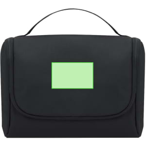 A black toiletry bag with a green rectangular patch and a top handle for easy carrying.