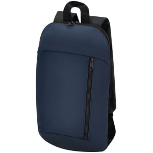 A navy blue backpack with a sleek design and a front zip pocket. It features a logo on the front.