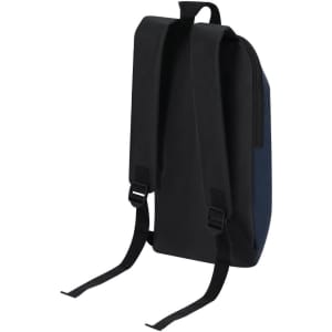 A black and navy backpack with adjustable straps and a sleek design. Features a logo on the side.