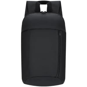A sleek black backpack with a zip front pocket and padded shoulder straps. It features a simple design and a logo.