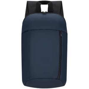 A navy blue backpack with a front zip pocket and black shoulder straps. It features a simple, sleek design.