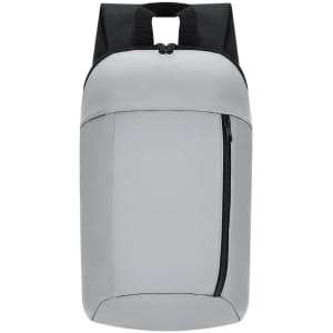A sleek grey backpack with a black top, featuring a zippered front pocket and adjustable straps.