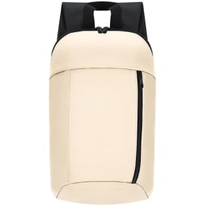 A beige backpack with a black top and a front zip pocket. It features adjustable shoulder straps and a logo.