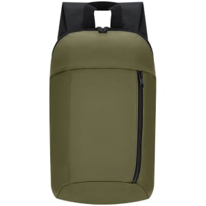 An olive green backpack with a sleek design and a zippered side pocket, featuring black straps.