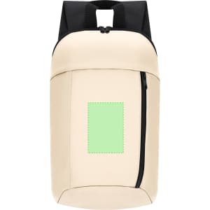 A beige backpack with black straps features a zippered pocket and a green patch area. It has a sleek, modern design.