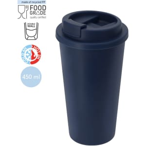 A drink bottle with a double wall design, coloured in navy blue, featuring a lid and a logo. Holds 450 ml.