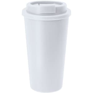 A white insulated travel mug with a lid and a logo. Ideal for keeping drinks hot or cold.