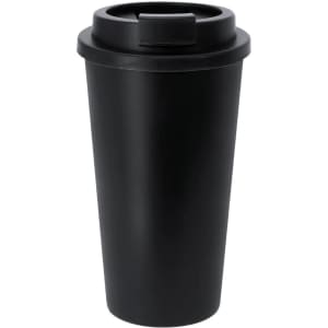 A drink bottle in matte black with a secure lid, designed for travel and insulated for temperature retention.