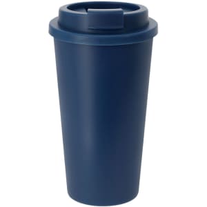 A drink bottle in a navy blue colour with a lid, featuring a logo on the side.