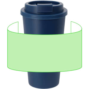 A travel mug in navy blue with a lid and a logo band wrapped around it.