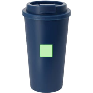 A drink bottle featuring a navy blue colour with a lid and a square logo in light green.