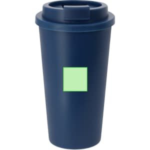 A drink bottle in navy blue with a green square logo, featuring a lid and insulated design.