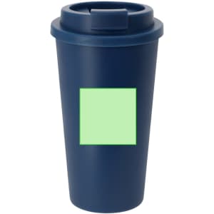 A navy insulated cup with a lid and a square space for custom branding.